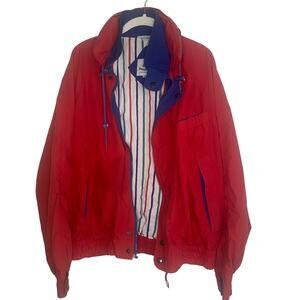 Jacket red windbreaker van heusen 417 hooded vintage l large stripes white lined